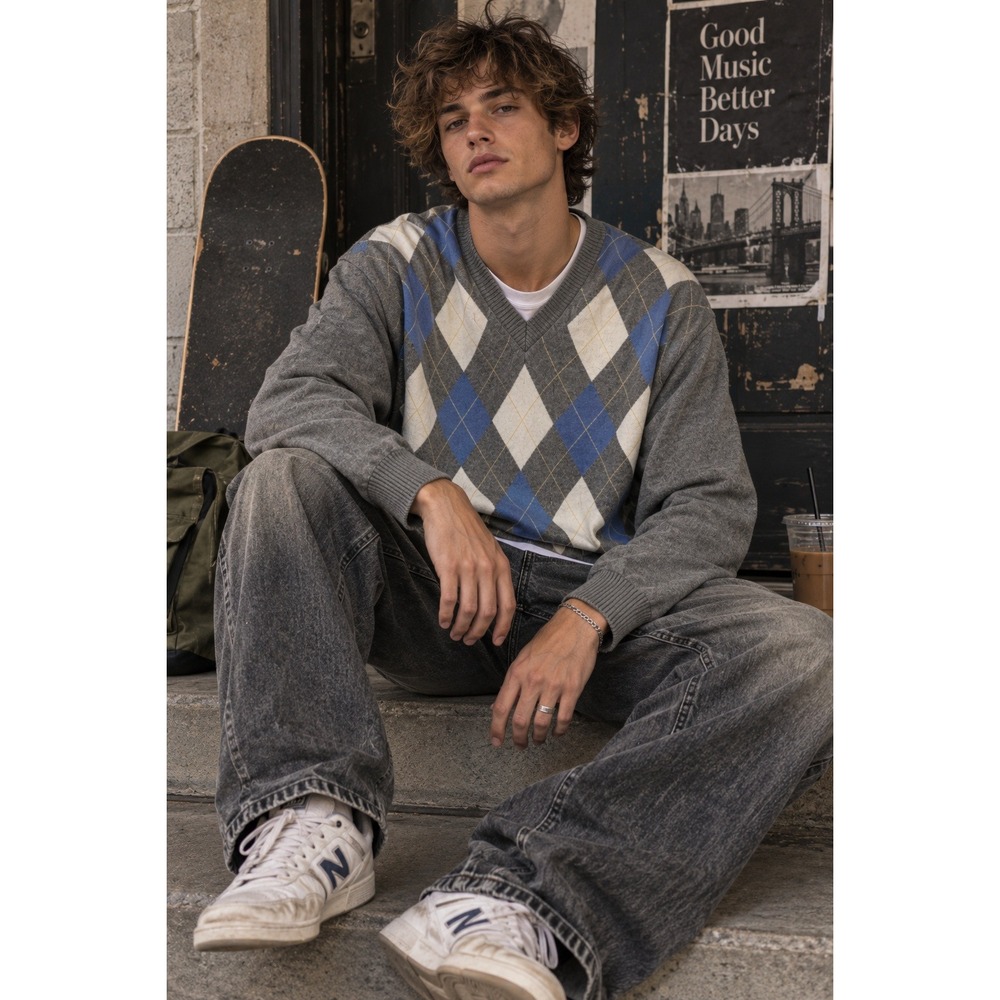 Men's XL Argyle V Neck Sweater Gray Blue Y2K Grunge Grandpa Core Skater Preppy‎